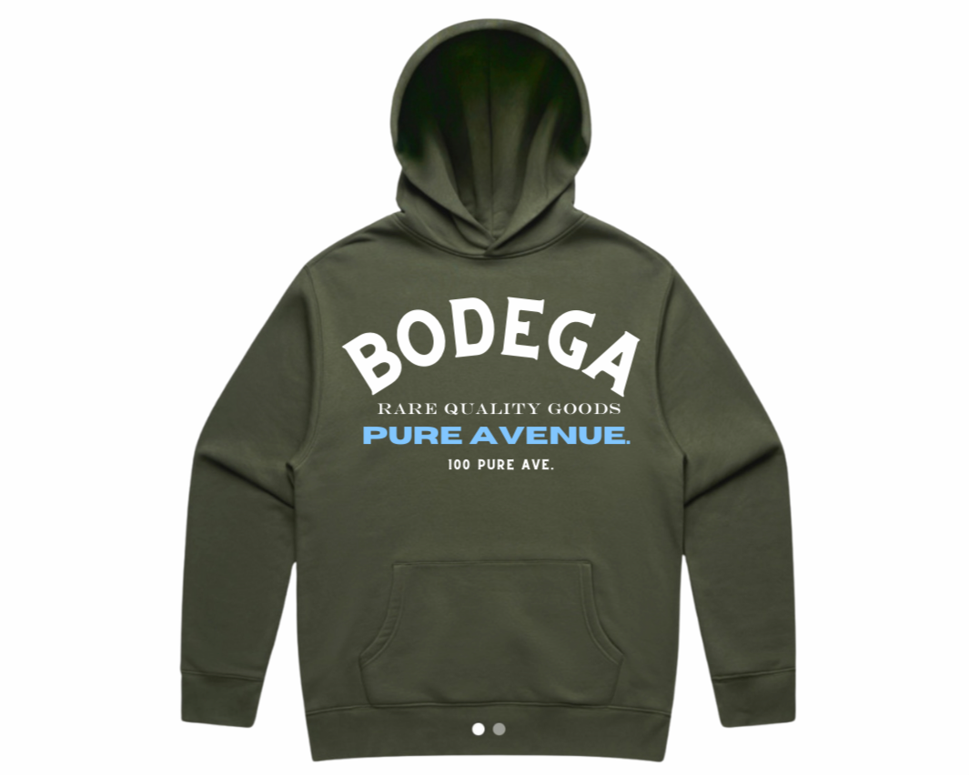 “PURE AVENUE BODEGA” HOODIE- OLIVE GREEN